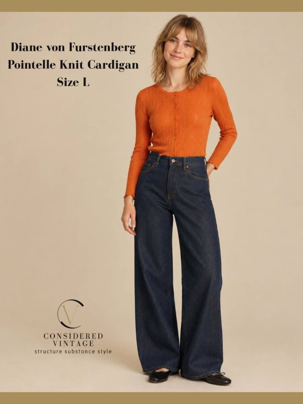 VTG Diane von Furstenberg Orange Silk Cotton Pointelle Knit Cardigan Large